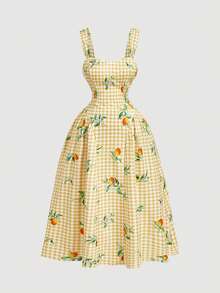 SHEIN MOD 大码休闲复古宫廷风喇叭长裙，毕业礼服，束腰连衣裙 - 黃色 - 查看 5