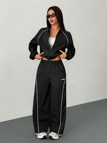 SHEIN PETITE 2pcs Women Streetwear Athleisure Cargo Outfit: Reflective Lapel Windbreaker Coat And Cargo Parachute Pants, Suitable For Spring/Autumn - Black - View 8