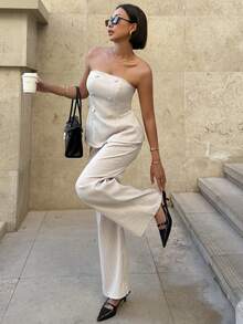 Siren Gaze Bộ đồ thể thao thường ngày kẻ sọc kiểu áo quây và quần dài dành cho người đi làm. - Màu be - Xem 7