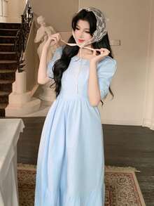 DAZY Women's Elegant Ruffled Embroidered Mid-Length Dress, Summer Wedding Guest Dress - Blue - View 6