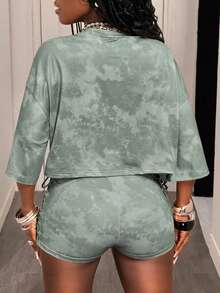 Slaydiva 新款春夏休闲街头日常运动约会圆领落肩宽松T恤+两侧绑带装饰修身短裤绑带装饰仿雪花卡其色游艇套装女装居家办公套装女式上衣女式运动上衣女式动物园套装女装 - 薄荷綠 - 查看 3