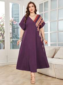 Lacomfia Vestido casual, cómodo y versátil de talla grande con cuello en V, manga corta y estampado de rayas y patchwork - Morado - Ver 4