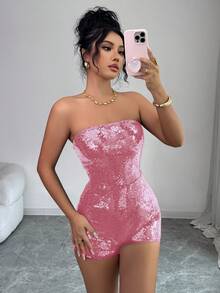 Rafferiza 女士性感亮片抹胸连体衣 - 粉色 - 查看 4