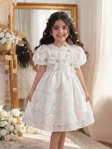 Elladie kids 1件女童休闲圆领拉链后背欧根纱玫瑰花装饰泡泡袖A字连衣裙，百搭白色，适合生日派对、夏季等场合 - 杏色 - 查看 1