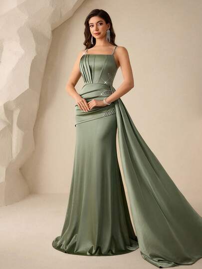 Coutiva Women's Rhinestone Decor Spaghetti Strap Formal Evening Gown (Heavily Embellished)