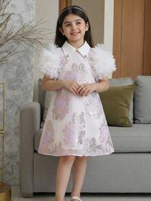 SHEIN 少女碎花拼接薄纱荷叶边下摆休闲连衣裙 - 藍色 - 查看 2