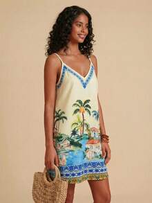 Travachic 女士休闲印花迷你连衣裙，适合秋冬季 - 杏色 - 查看 3