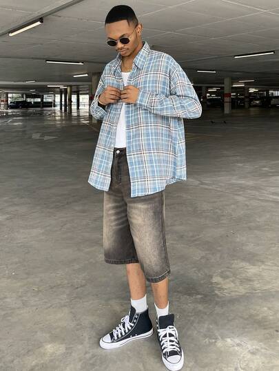 Ngobest Haus Ngobest Haus 男士柔软舒适休闲蓝棕色格子长袖翻领衬衫，春秋季