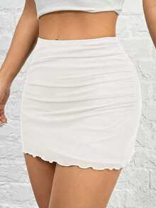 SHEIN EZwear Women's White Knitted Mesh Ruffle Bodycon Mini Skirt - White - View 7