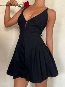 Aloruh Bộ jumpsuit denim nữ kiểu dáng thường ngày, màu trơn, hở lưng, dây chéo, thích hợp cho kỳ nghỉ. - màu đen - Xem 3