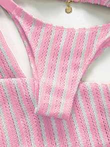 SHEIN Swim Chicsea 女士夏季沙滩条纹吊带性感比基尼泳装套装，含罩衫裤，女士泳衣套装，夏季休闲套装，女士泳装套装，女士沙滩套装，两件式沙滩套装 - 粉色 - 查看 6