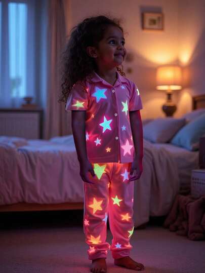 2pcs Baby Girls' Fuchsia Fluorescent Star Print Short Sleeve Pants Pajama Set, Soft & Cute