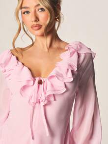 MISSGUIDED Đầm ngắn màu hồng nhạt bằng chiffon, trễ vai, cổ bèo nhún, tay phồng, thắt dây, thích hợp cho tiệc tùng mùa xuân hè. - Hồng - Xem 5