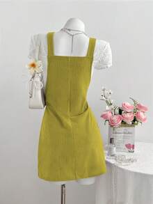 Elamini 女士休闲纯色灯芯绒吊带连衣裙，夏季 - 綠色 - 查看 2