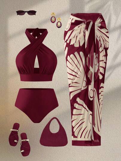 Swim Oasis 2026 New Plus Size Women's Burgundy Criss-Cross Halter Hollow Out Top And High Waist Bikini Bottom Set, Paired With Patterned Mesh Maxi Dress, Summer Beach Vacation