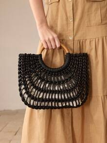 MOTF PREMIUM WOMEN'S WOVEN RING HANDLE TOTE BAG - Black - View 6