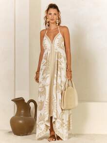 CAJUNI Tropical Print Backless Halter Neck Dress, Vacation & Casual - Yellow - View 3