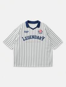 Manfinity Unisex Men's Striped & Letter Print Casual Versatile Short Sleeve Polo Shirt Baseball Shirt Baseball Style Collared Shirt - White - View 3