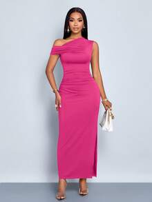SOLERSUN Women's Spring Summer Solid Color Simple Daily Date Elegant Party Asymmetric Oblique-Shoulder Tight-Fitting Long Dress - Hot Pink - View 5