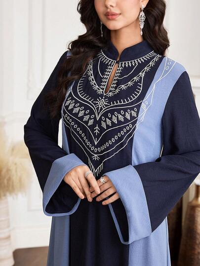 Al Najma 保守休闲刺绣撞色女士土耳其长款束腰外衣，女士阿拉伯连衣裙