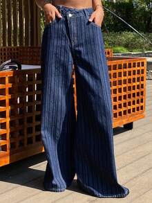 DAZY Women's Criss-Cross Waist Striped Vacation Jeans - Blue - View 3