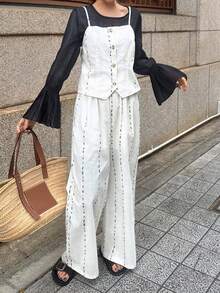 FRIFUL Women's Striped Single-Breasted Camisole Top And Pants Casual 2 Pieces Set - Apricot - View 7