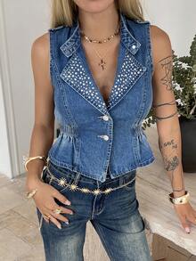 DAZY Women's Lapel Sleeveless Cinched Waist Studded Urban Casual Denim Vest And Jacket - Medium Wash - View 3
