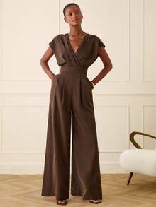 Lilora 女士优雅V领褶皱阔腿连体裤 - 摩卡棕 - 查看 6