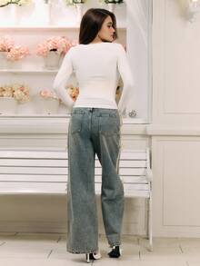 Criza Taa 新款女式碎花纽扣前长袖修身 T 恤，秋季女装 - 白色 - 查看 6