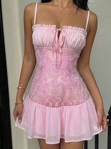 SHEIN EZwear Women's Light Pink Embroidered Patchwork Mini Slip Dress, Spring/Summer - Baby Pink - View 3