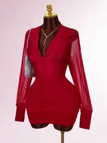 Amplova Plus Size Solid Color V-Neck Waist Fitted Bodycon Dress For Women - Red - View 4