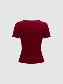 Chiquease Áo thun nữ tay ngắn cổ vuông màu đỏ tía, xếp ly, đính kim loại, ôm dáng, thanh lịch, gợi cảm, thích hợp mặc thường ngày, mùa xuân/hè. - Màu Đỏ Sâu - Xem 2