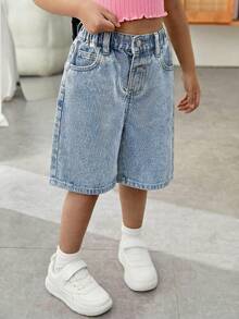 SHEIN Young Girl Y2K New Fashion Casual Soft Boho Pink Bowknot And Cherry Print Light Blue Loose Fir Cotton Denim Long Jeans Shorts Spring Summer,For Spring/Summer Dailywear,Streetwear,Beach,Vacation, Casual, Graphic Jeans,Short,4-Year-Old Shorts,Summer Shorts,Casual Shorts,Bowknot Shorts,Cherry Shorts - Light Wash - View 6