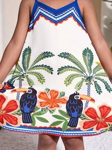 Young Girl Vacation Summer Blue Totem Tropical Plant Floral Pattern Spaghetti Strap A-Line Dress - Blue - View 5