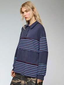 COUREZ Long Sleeve Spliced Striped Rugby Polo Top /Y2K Long Sleeve Tops Going Out Tops Women Tops Spring Clothes For Women Blue Top  Cute Tops Summer Tops Summer Outfits - Multicolor - View 7