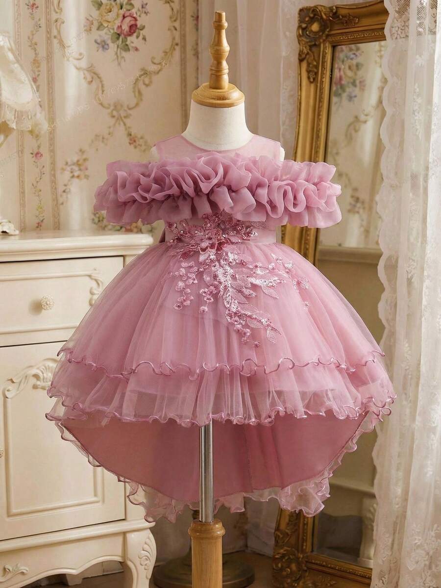 Glamorique Kids 女童粉色单肩连衣裙，饰有荷叶边和闪亮细节，高端儿童公主风，蓬蓬裙摆，前短后长设计，适合在钢琴表演、生日派对和时装秀上担任花童角色。 - 乾枯玫瑰色 - 查看 1