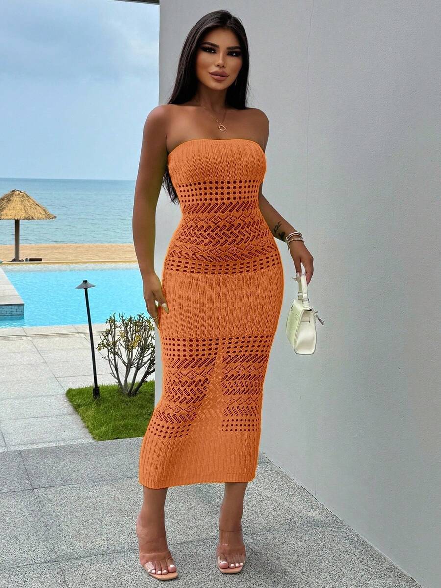 Zolique 优雅浪漫性感简约青柠绿荧光绿镂空长裙，度假休闲两相宜 - 橘色 - 查看 1