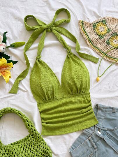 Soleia Camiseta de tirantes con cuello halter y pliegues de unicolor para vacaciones