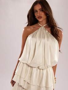 SHEIN BAE Vestido de verano elegante de unicolor para mujer, con escote halter sin espalda, parte delantera corta y parte trasera larga - Albaricoque - Ver 6