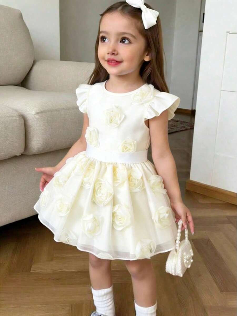 2件組女童韓系圓領荷葉袖上衣+裙子套裝,花卉裝飾,夏季,7歲生日,休閒校園度假戶外服裝,4-7歲 - 杏色 - 查看 1