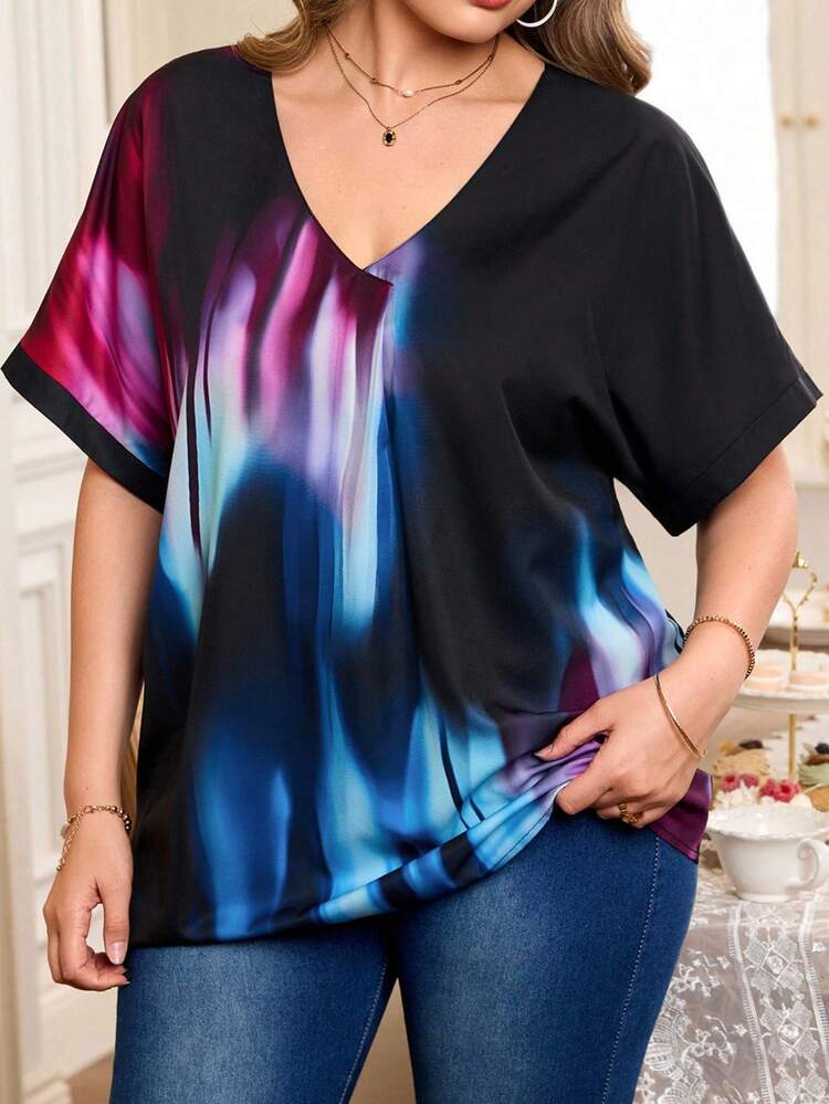 Plus Size Women's Casual V-Neck Short Sleeve Loose Blouse, Summer/Spring/Vacation Plus Size Tops Plus Size Blouses Summer Tops Plus Size  Elegant Dress Women