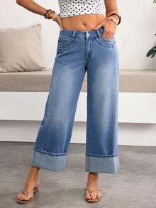 Breezaya 女士宽松版型带口袋阔腿休闲牛仔裤 - 藍色 - 查看 1