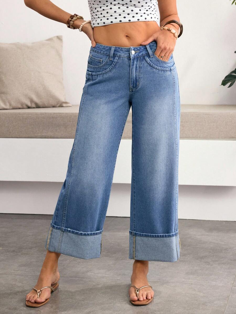 Breezaya 女士宽松版型带口袋阔腿休闲牛仔裤 - 藍色 - 查看 1