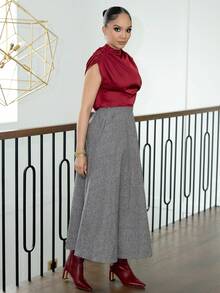 Melissa Matos 女士优雅通勤纯色领子褶皱下摆衬衫 - 酒紅色 - 查看 3