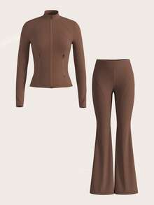 SHEIN Tall 2025春夏新款休闲简约棕色修身开襟长袖侧拉链口袋T恤+高腰喇叭裤女两件套，适合日常出行、返校、毕业典礼、早午餐、机场出行、派对聚会、节日、旅行等场合，简约百搭，休闲舒适。 - 棕色 - 查看 4
