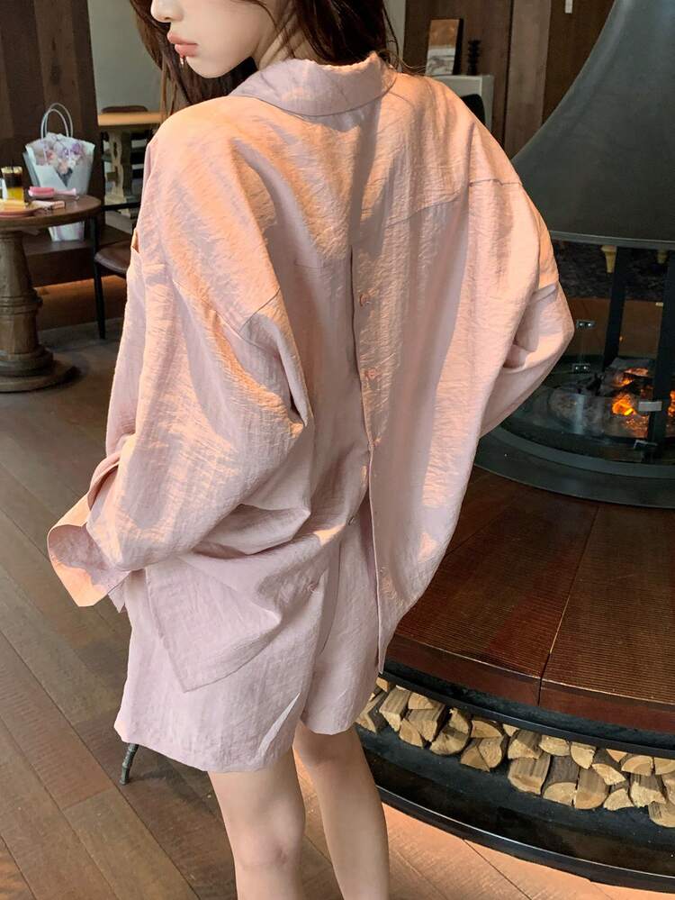Women's Solid Color Vacation Korean Style Long Sleeve Shirt And Shorts 2 Pieces Set