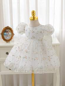 Glamorique Kids 这款女宝宝公主白色圆领修身A字长裙，饰有精美的花朵刺绣和大蝴蝶结，适合特别场合，如花童、生日派对、婚礼等。这款女宝宝公主裙，花朵刺绣，后背大蝴蝶结，蓬蓬裙摆，可爱可爱，适合派对或特殊场合拍照，让宝宝看起来更加自然美丽。四季皆宜，尽显女宝宝公主风范。 - 白色 - 查看 6