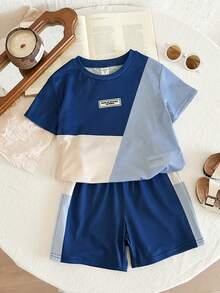 2pcs/Set Young Boy Contrast Color Knit Crew Neck T-Shirt And Shorts Set,Kids - Multicolor - View 8
