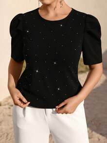 Juhart 大码纯色泡泡袖时尚水钻装饰女式T恤 - 黑色 - 查看 7