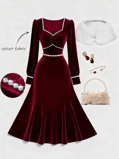 GlowEve Women's Velvet Waist Gathered A-Line Pearl Decor Christmas Holiday Elegant Everyday Commute Fashion French Street Vintage Versatile New Year Business Navy Blue Long Sleeve Dress, Autumn/Winter